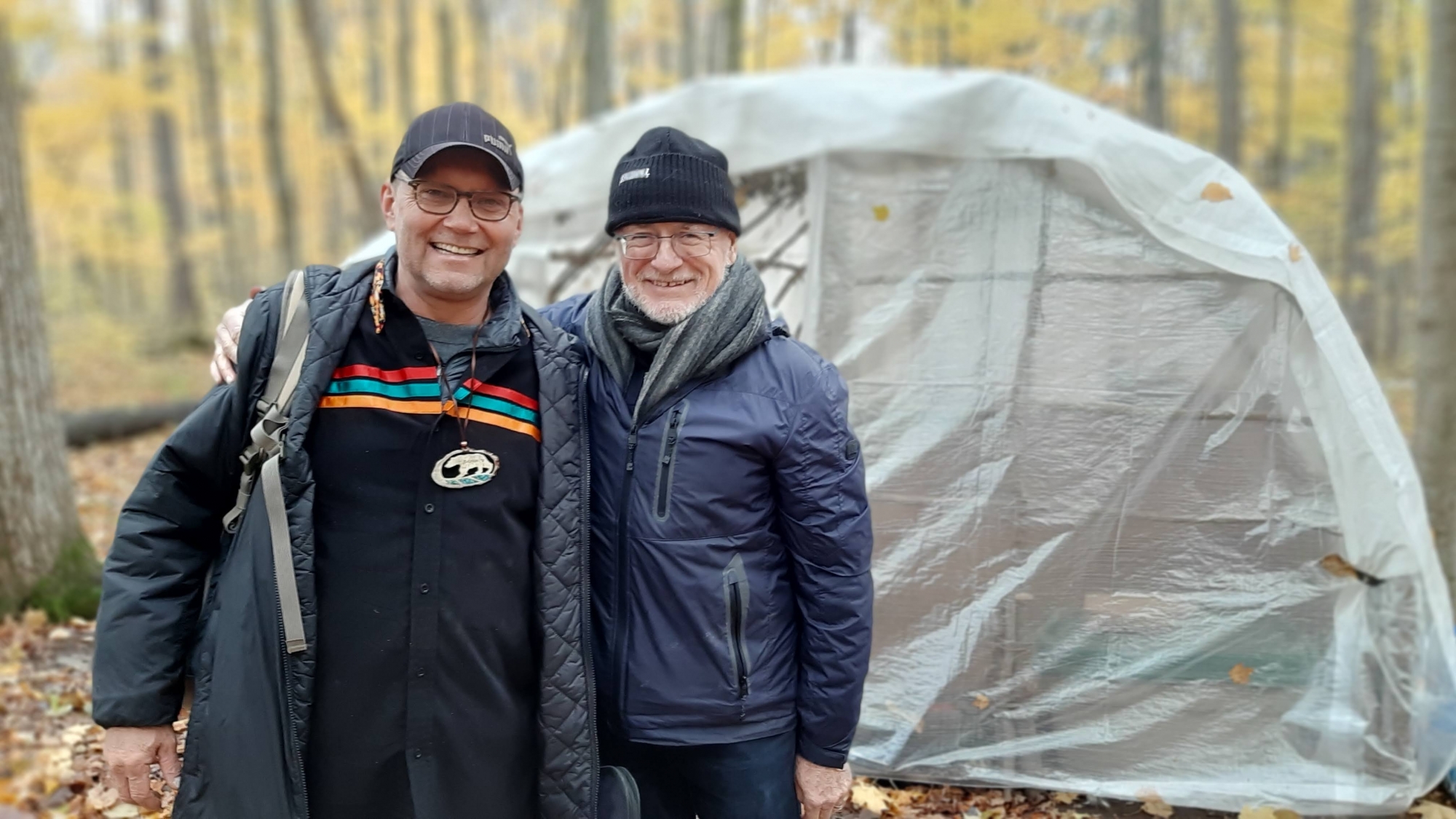 Crow Shield Lodge founder Clarence Cachagee, left, with guest speaker Bob Nally, a Canadian who immigrated from Ireland 50 years ago. The lodge is a place where Indigenous and non-Indigenous people can learn what it means to be Indigenous, said Cachagee.