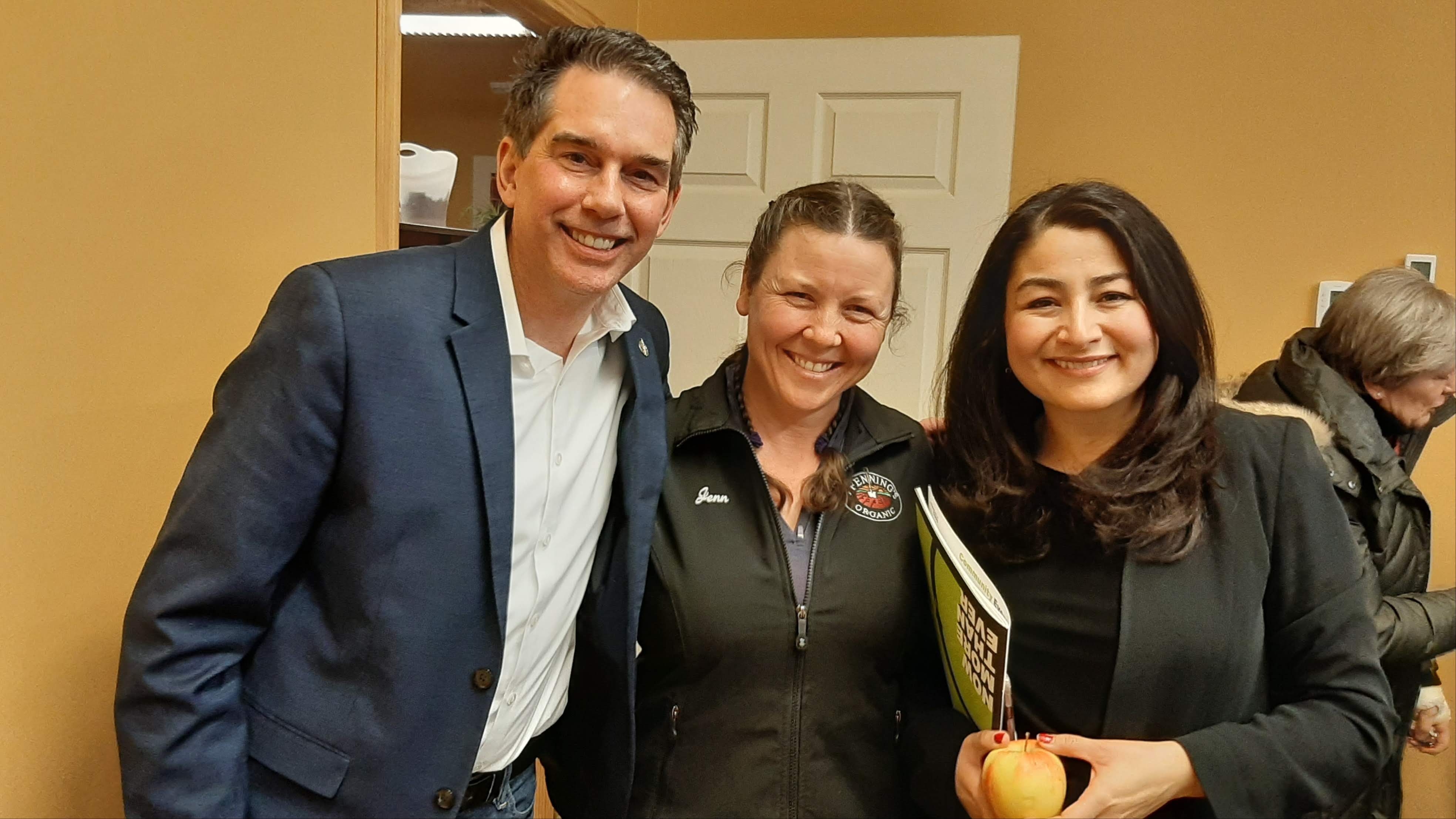 Kitchener-Conestoga MP Tim Louis, who organized the roundtable discussion, with Wilmot councillor/farm owner Jenn Pfenning, and Maryam Monsef, federal Minister for Women and Gender Equality and Rural Economic Development.