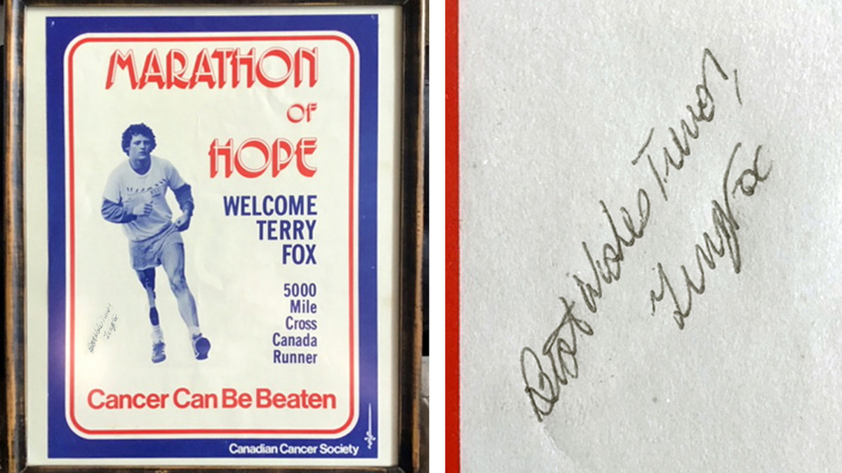 Caption: Marathon of Hope poster, autographed by Terry Fox and presented to Trevor Beck during Fox's visit to New Dundee on July 20, 1980. - Carolyn Hill/Photo